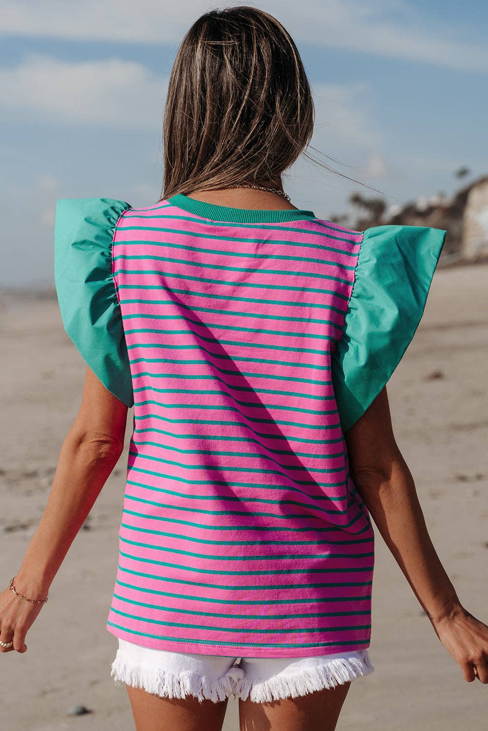 Stripe Colorblock Ruffle Sleeve Crewneck Blouse