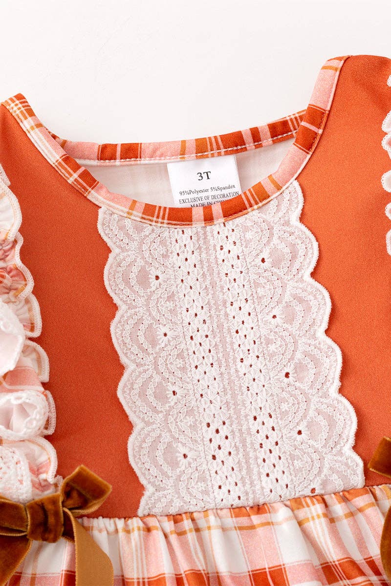 Burnt Orange plaid dress with lace detail