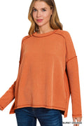 Zenana Raised Rib Raw Edge Hi-low hem Long Sleeve Top