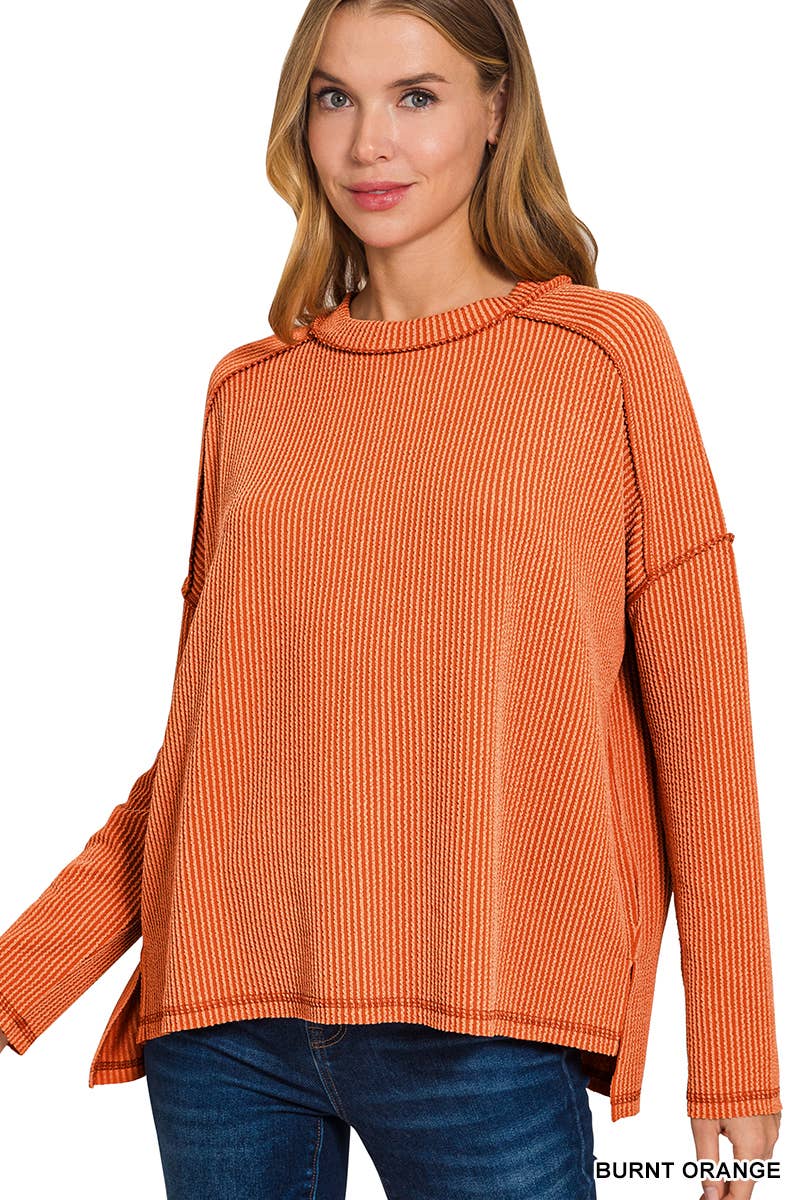 Zenana Raised Rib Raw Edge Hi-low hem Long Sleeve Top