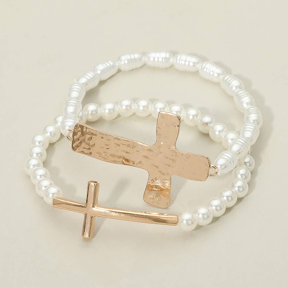 2PCS - Cross Accent Pearl Beaded Stretch Multi Layered Bracelets