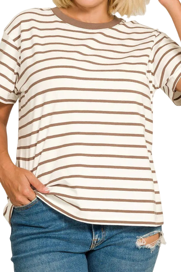 Plus Striped Crew Neck T Shirt - Zenana