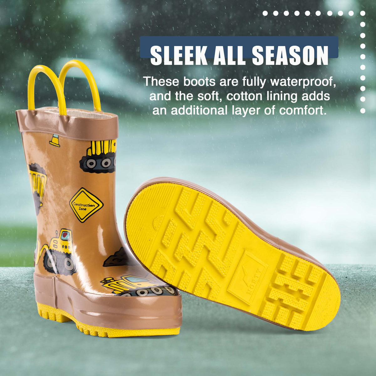 Norty Waterproof Rubber Rain Boots for Kids - Bulldozer