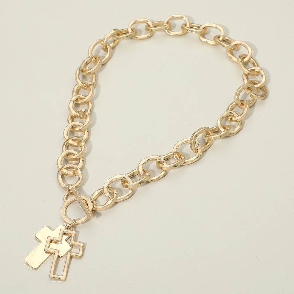 Layered Cross Pendant Chunky Toggle Necklace