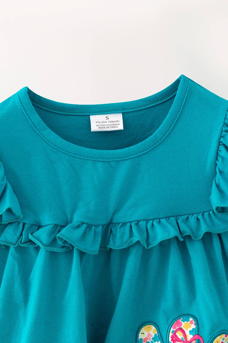 Teal tunic w/ turkey applique and floral bell bottoms