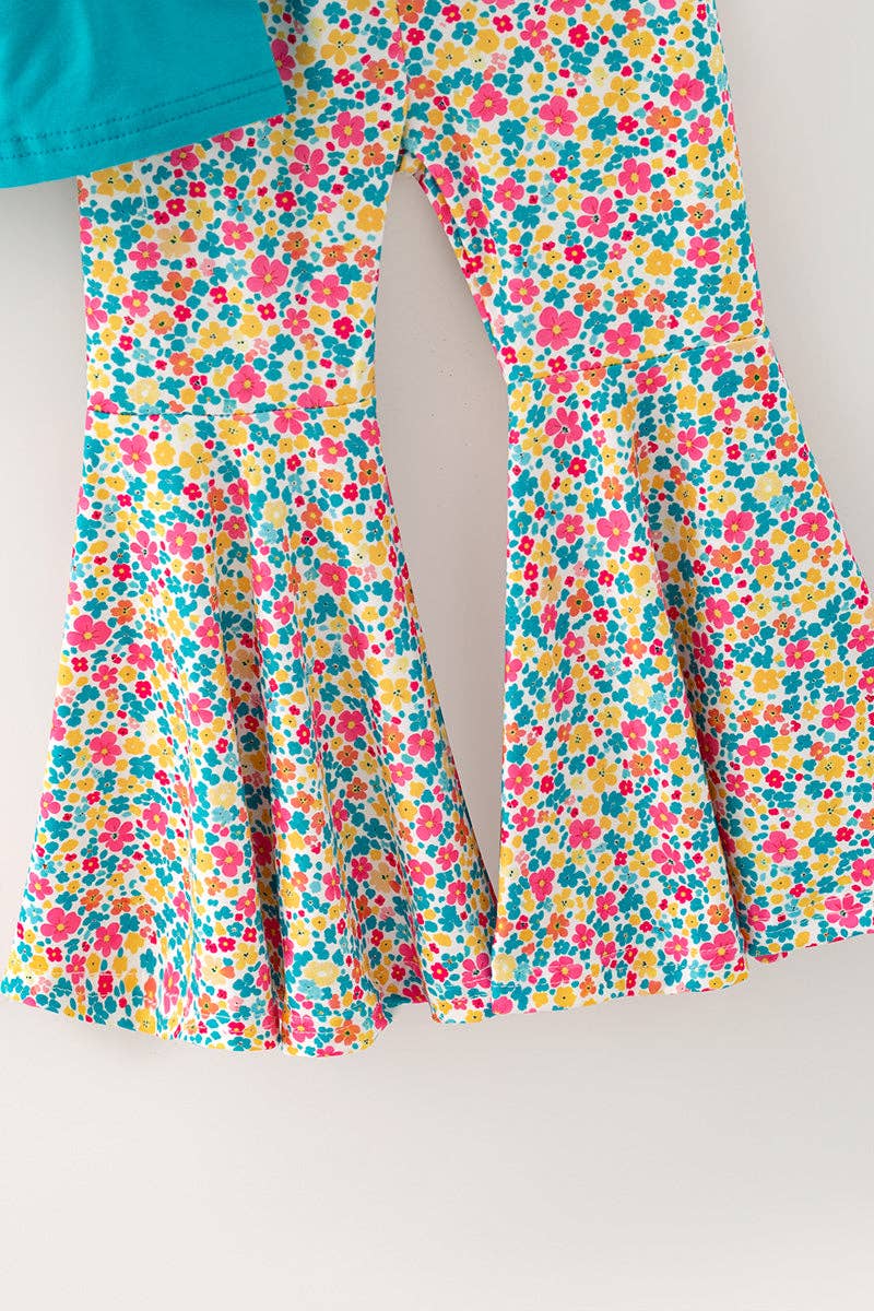 Teal tunic w/ turkey applique and floral bell bottoms