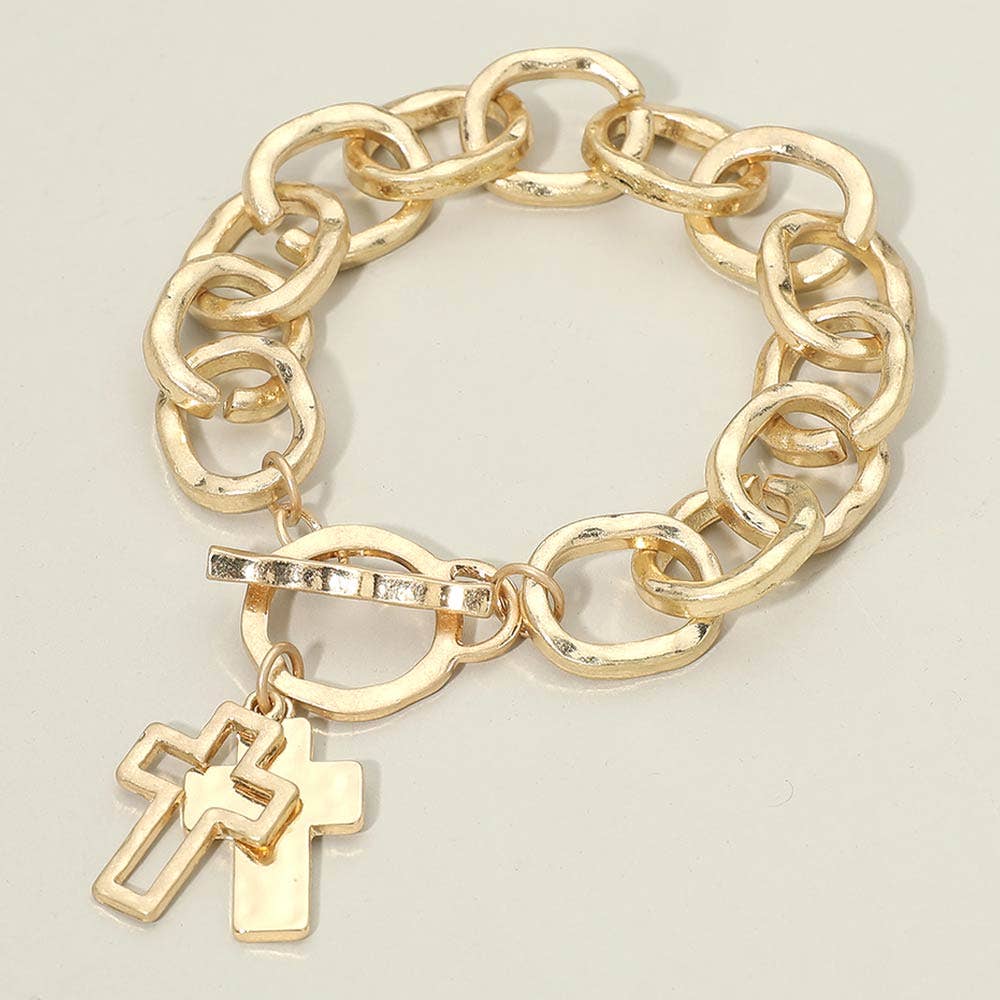 Layered Cross Charm Chunky Toggle Bracelet