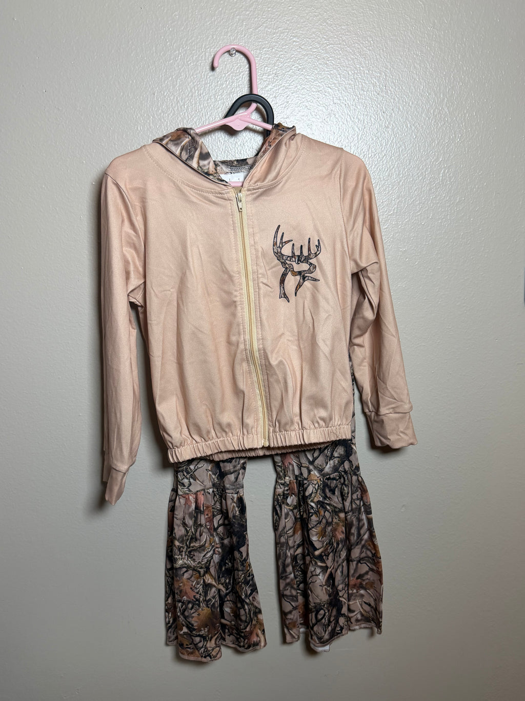 Girls camo two piece bell bottom and zip up jacket set