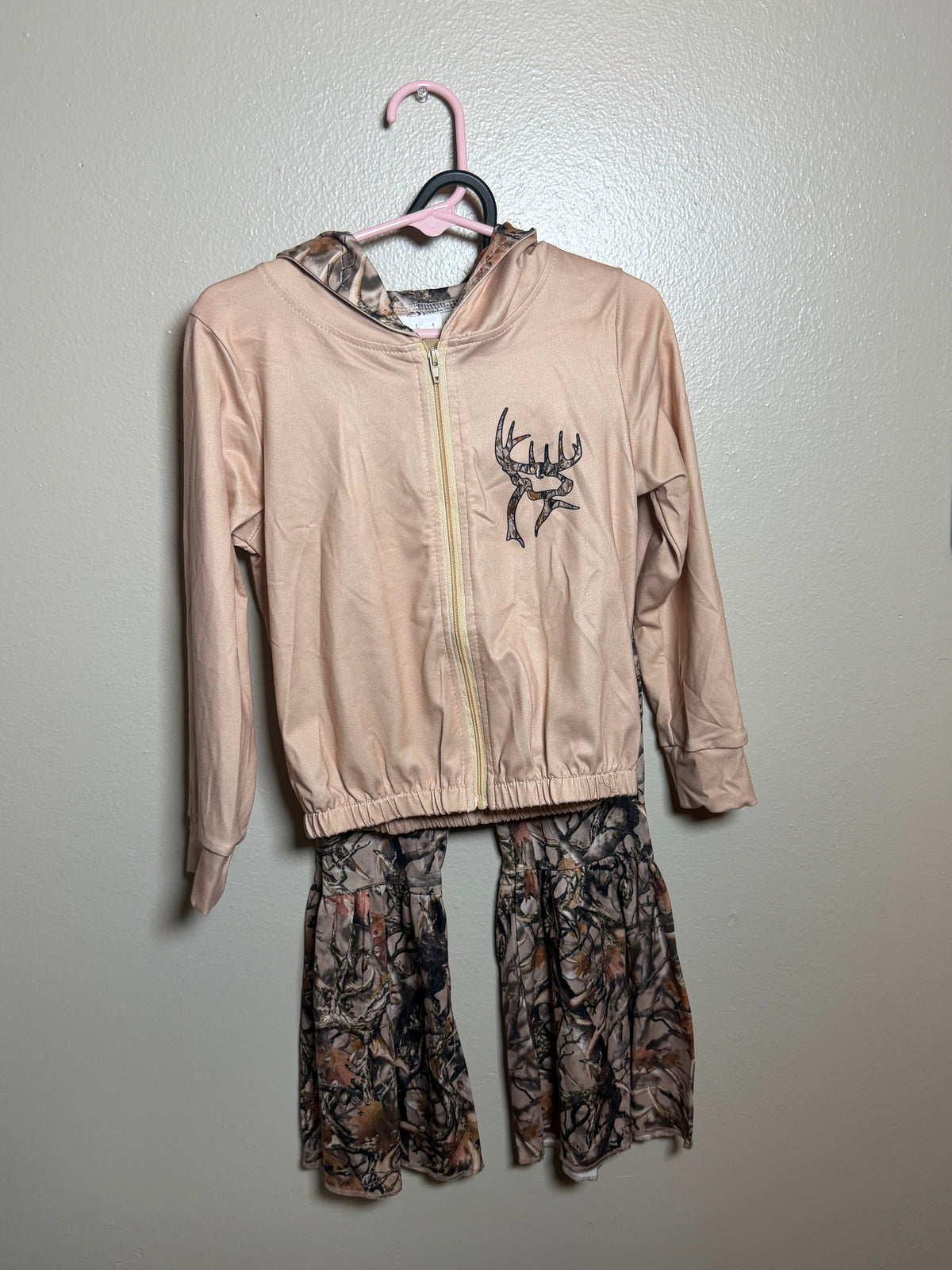 Girls camo two piece bell bottom and zip up jacket set