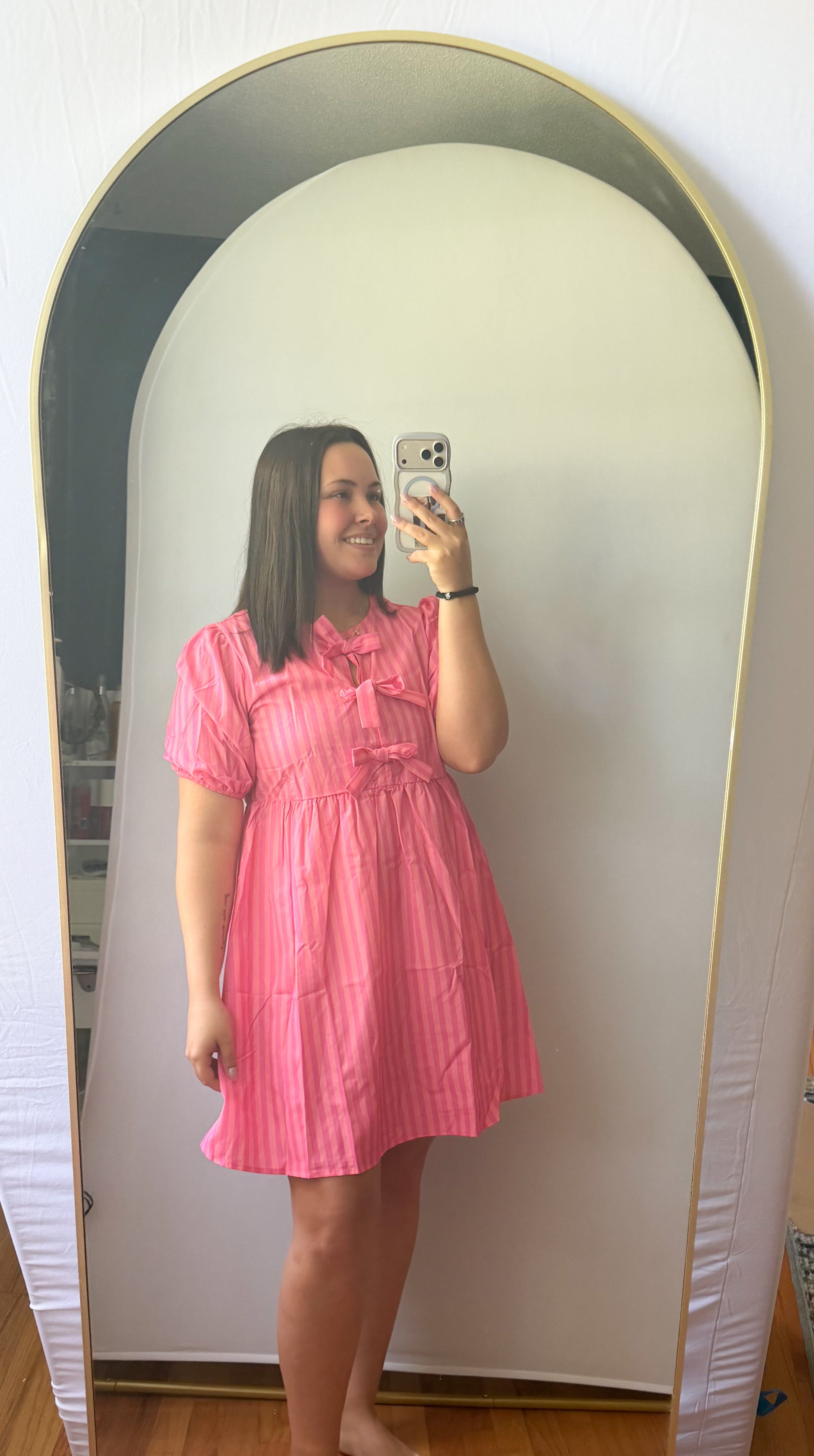 Rose Striped Print Bow Detail Short Puff Sleeve Mini Dress