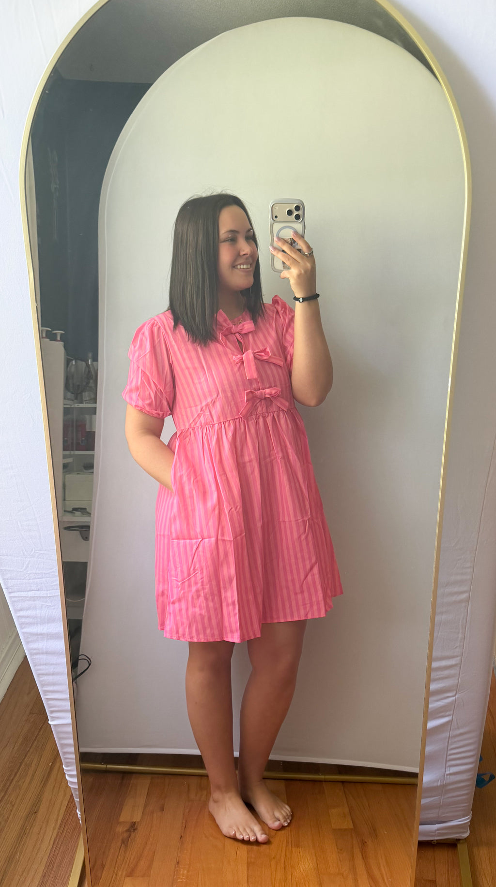 Rose Striped Print Bow Detail Short Puff Sleeve Mini Dress
