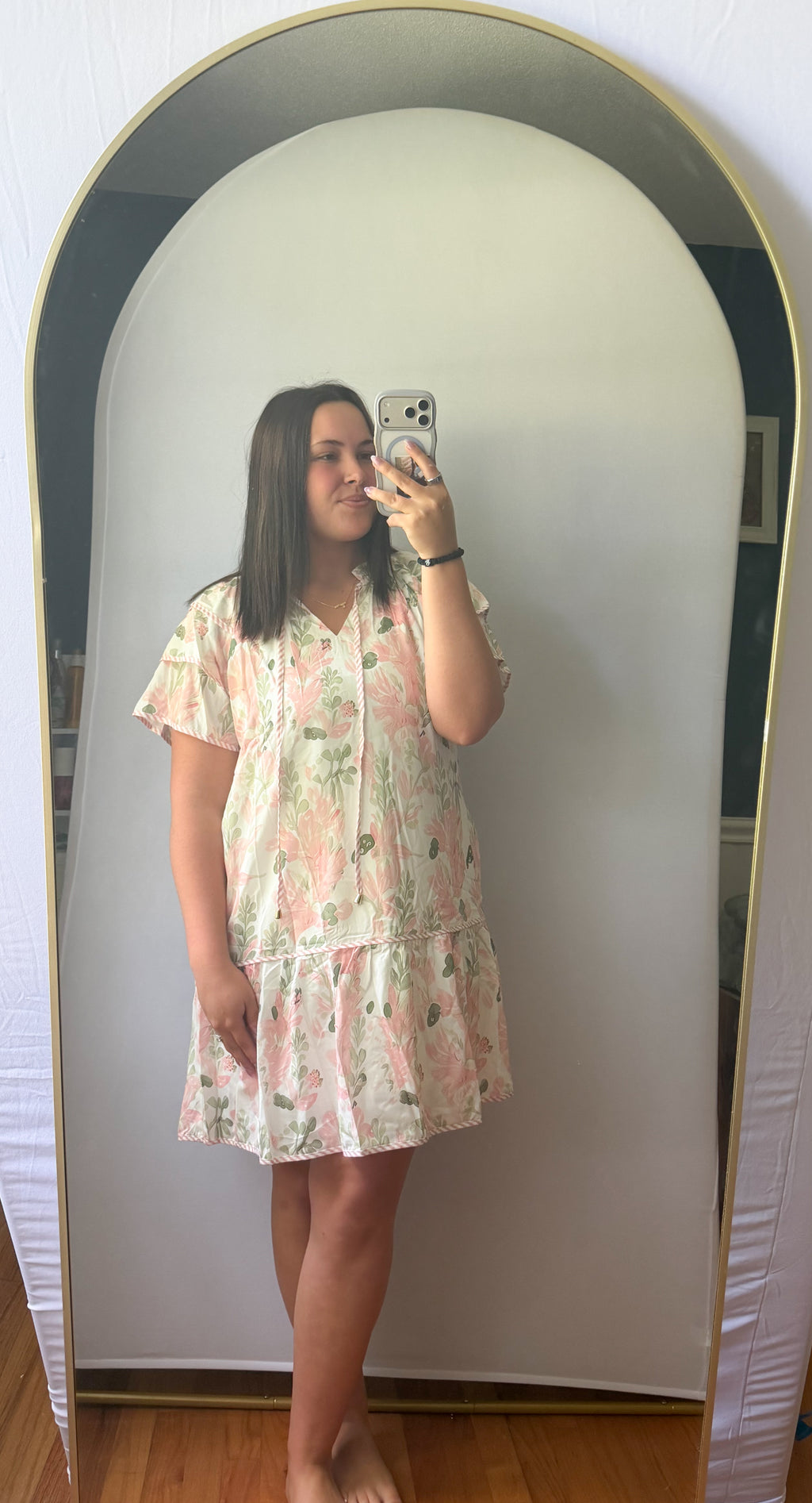 Pink Floral Contrast Edge Layered Short Sleeve Mini Dress
