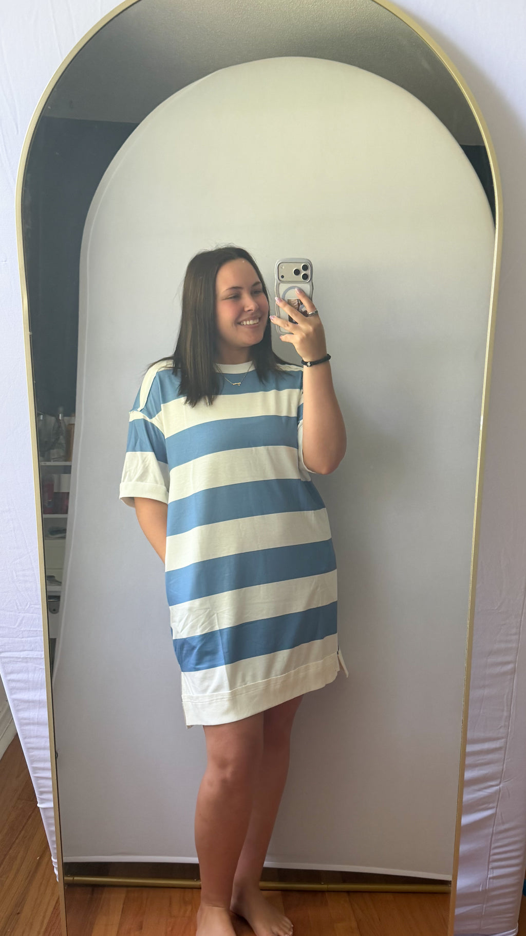 Blue Stripe Raw Seam Shoulder Detail Casual Tee Dress