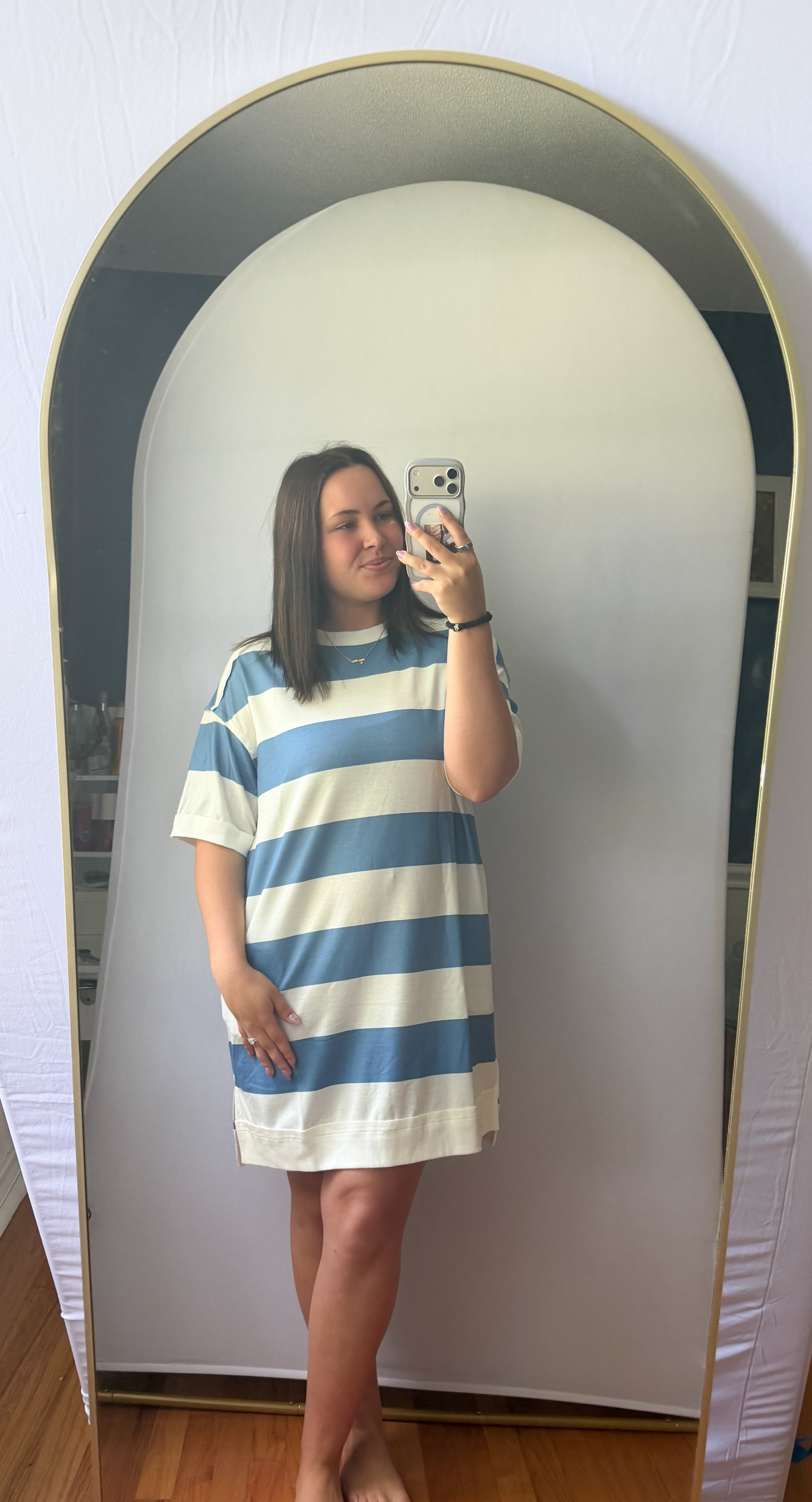 Blue Stripe Raw Seam Shoulder Detail Casual Tee Dress