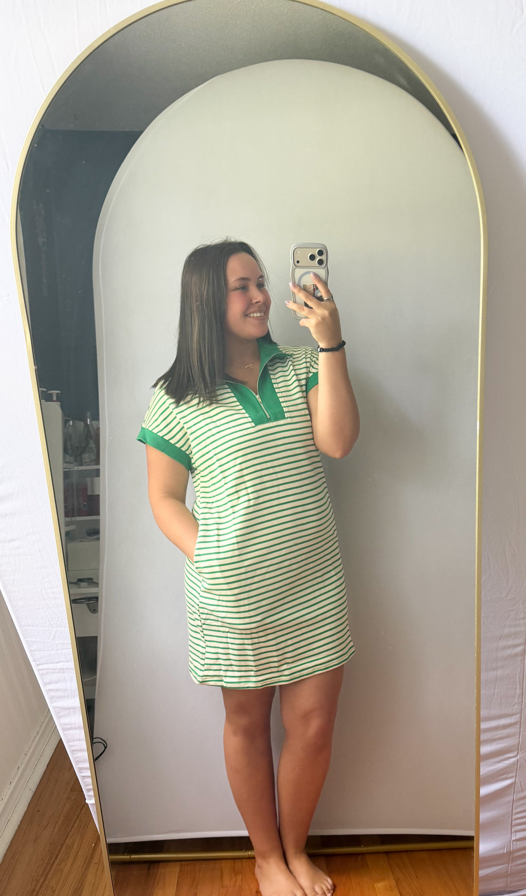 Stripe Quarter Zip Polo Collar T-Shirt Dress
