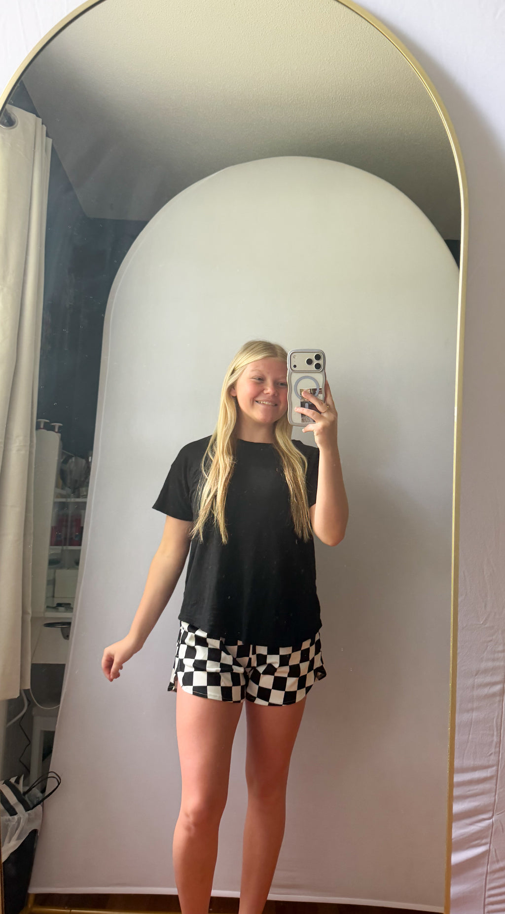 Black Checkered Print High Waist Casual Shorts