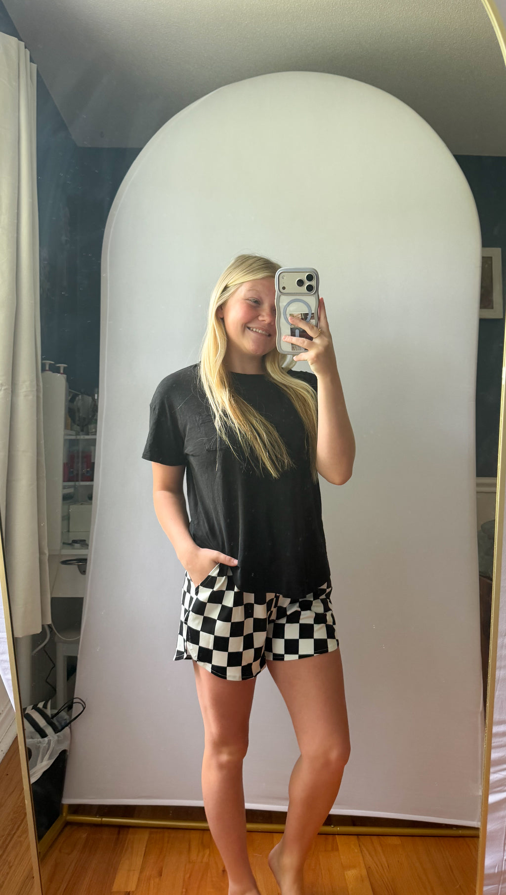 Black Checkered Print High Waist Casual Shorts