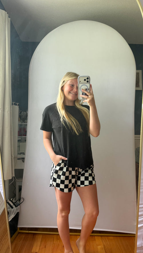 Black Checkered Print High Waist Casual Shorts