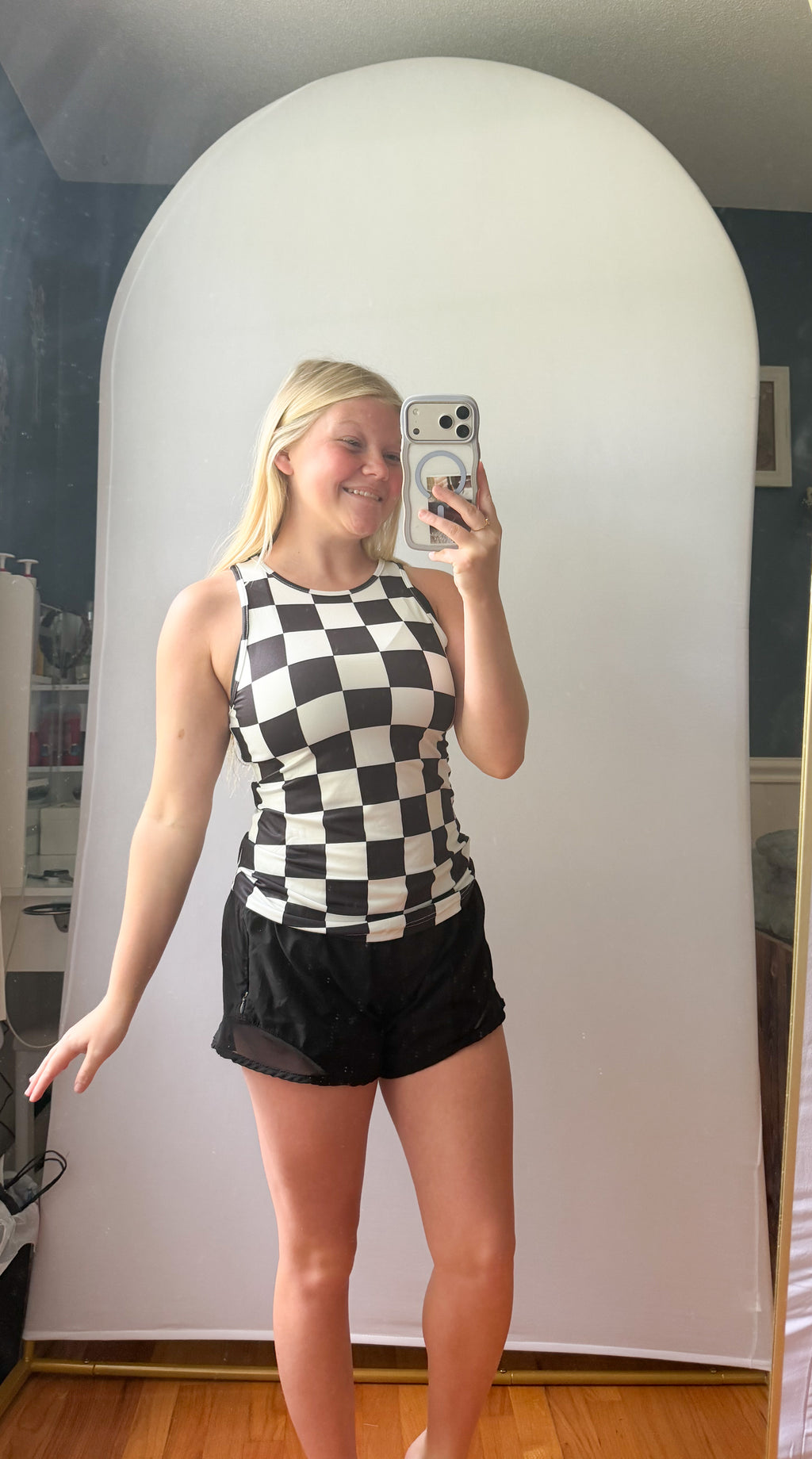 Western Black Checkerboard Printed Slim Tank Top