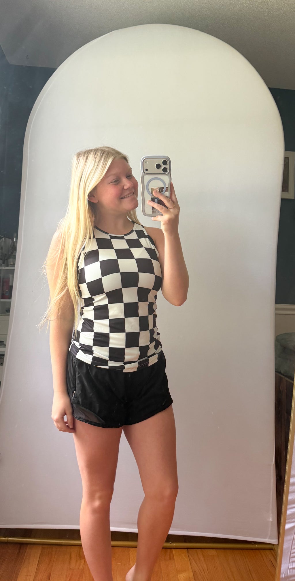 Western Black Checkerboard Printed Slim Tank Top