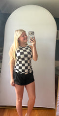 Western Black Checkerboard Printed Slim Tank Top