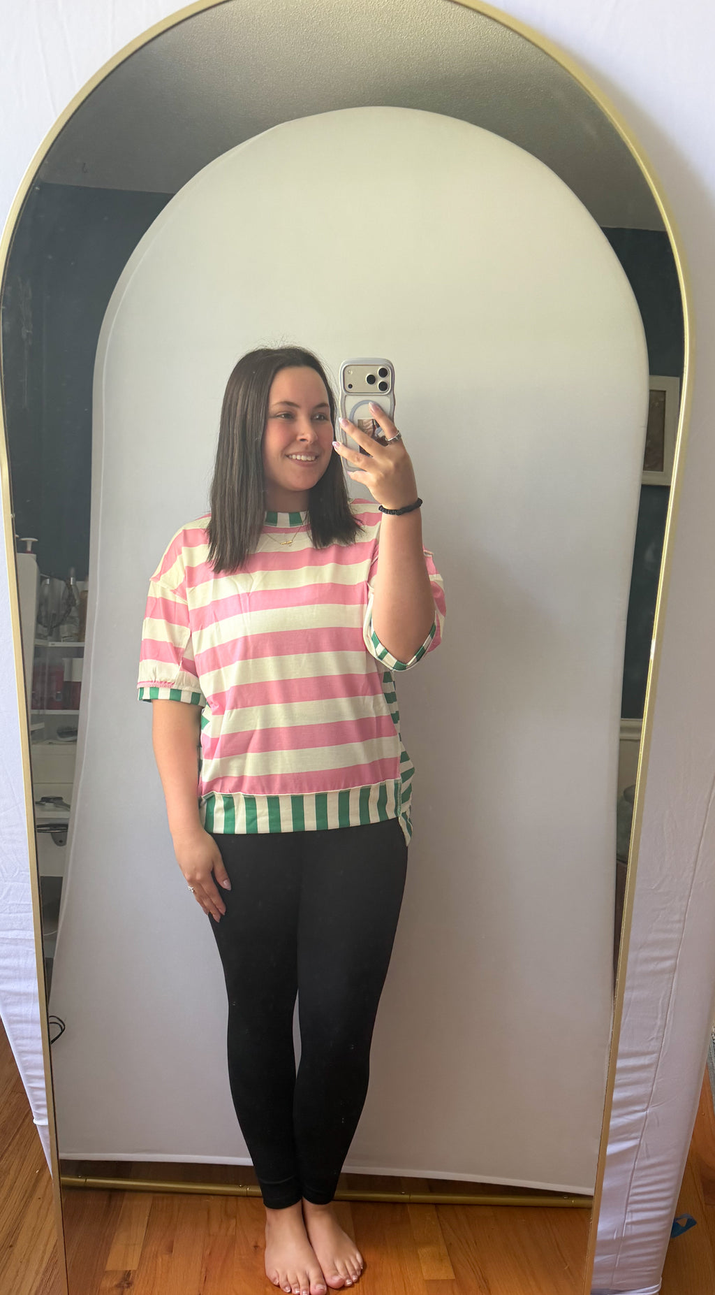 Pink Stripe Exposed Seam Contrast Patchwork Oversized Top