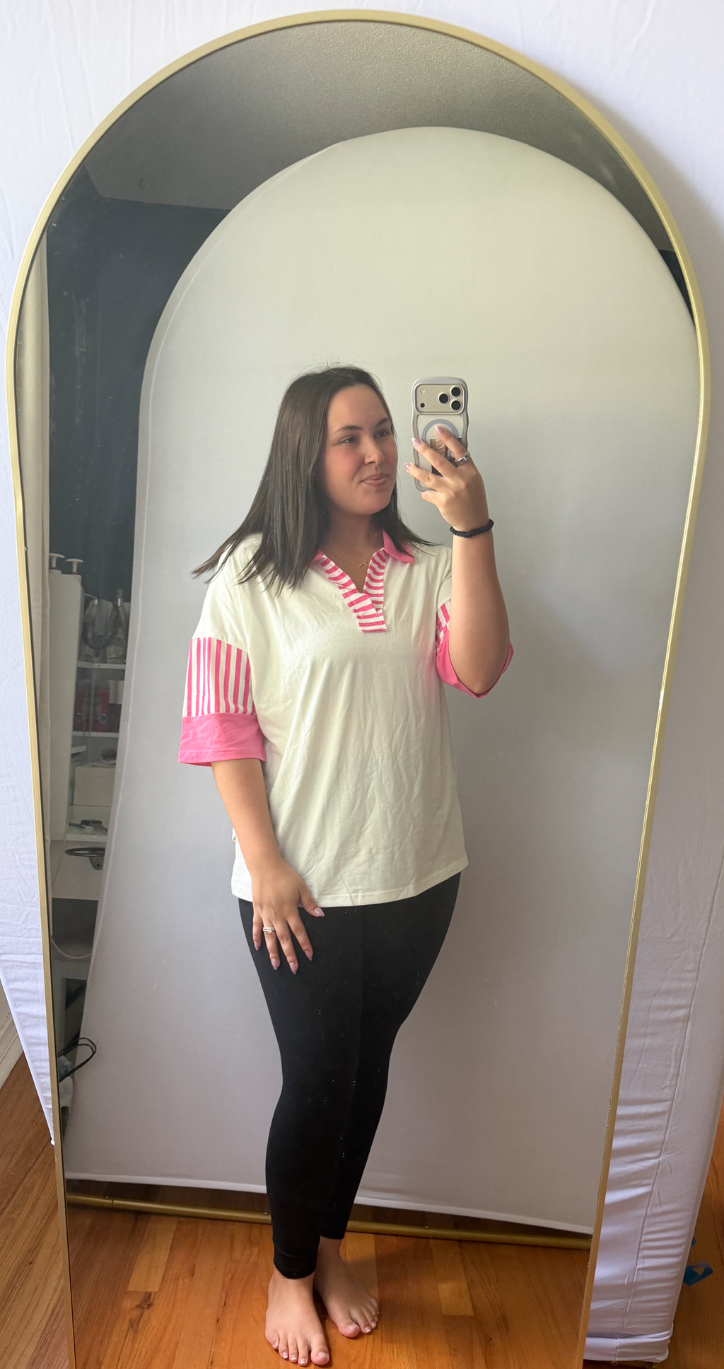 White Striped Color Block Patchwork Polo Collar Half Sleeve T Shirt