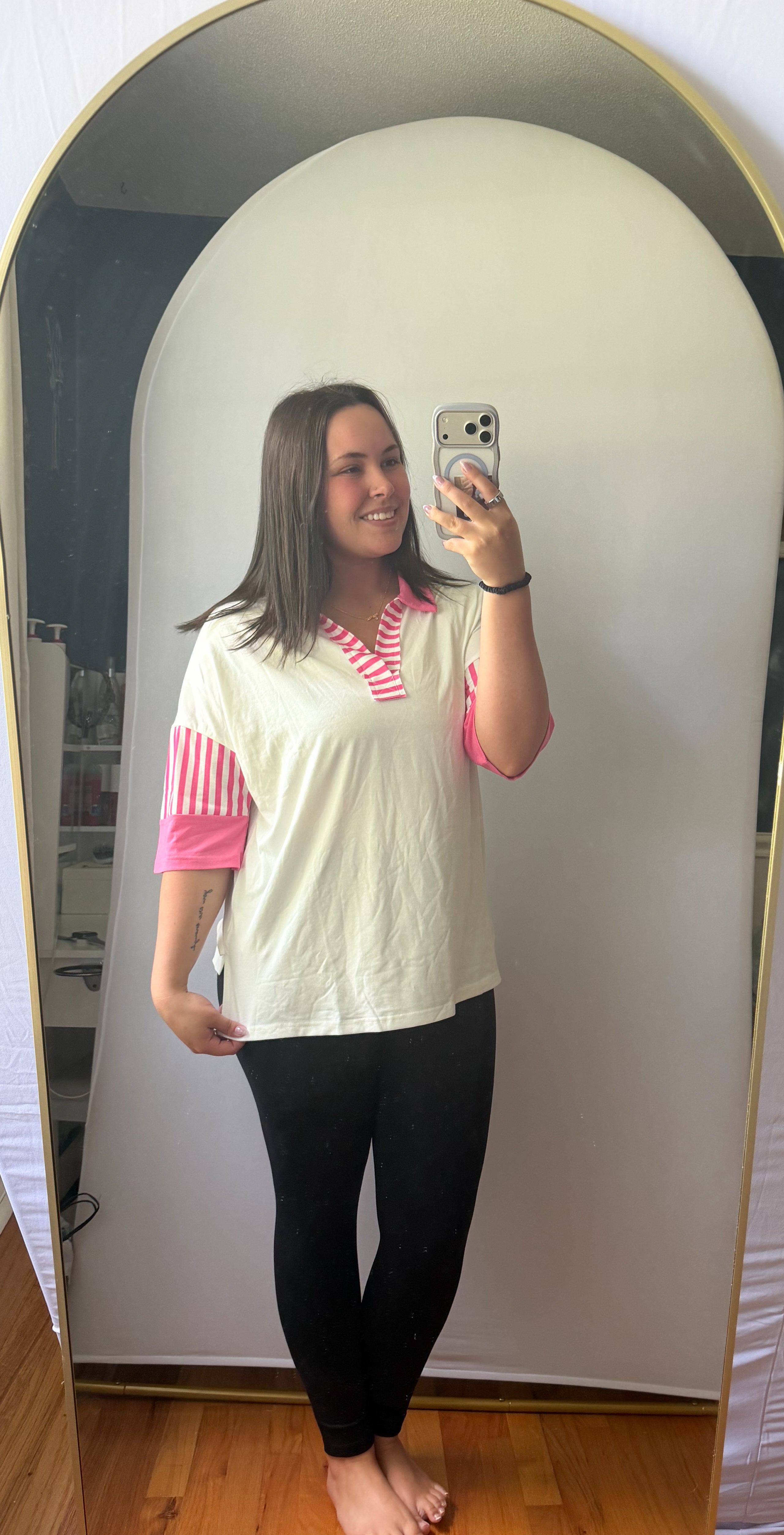White Striped Color Block Patchwork Polo Collar Half Sleeve T Shirt