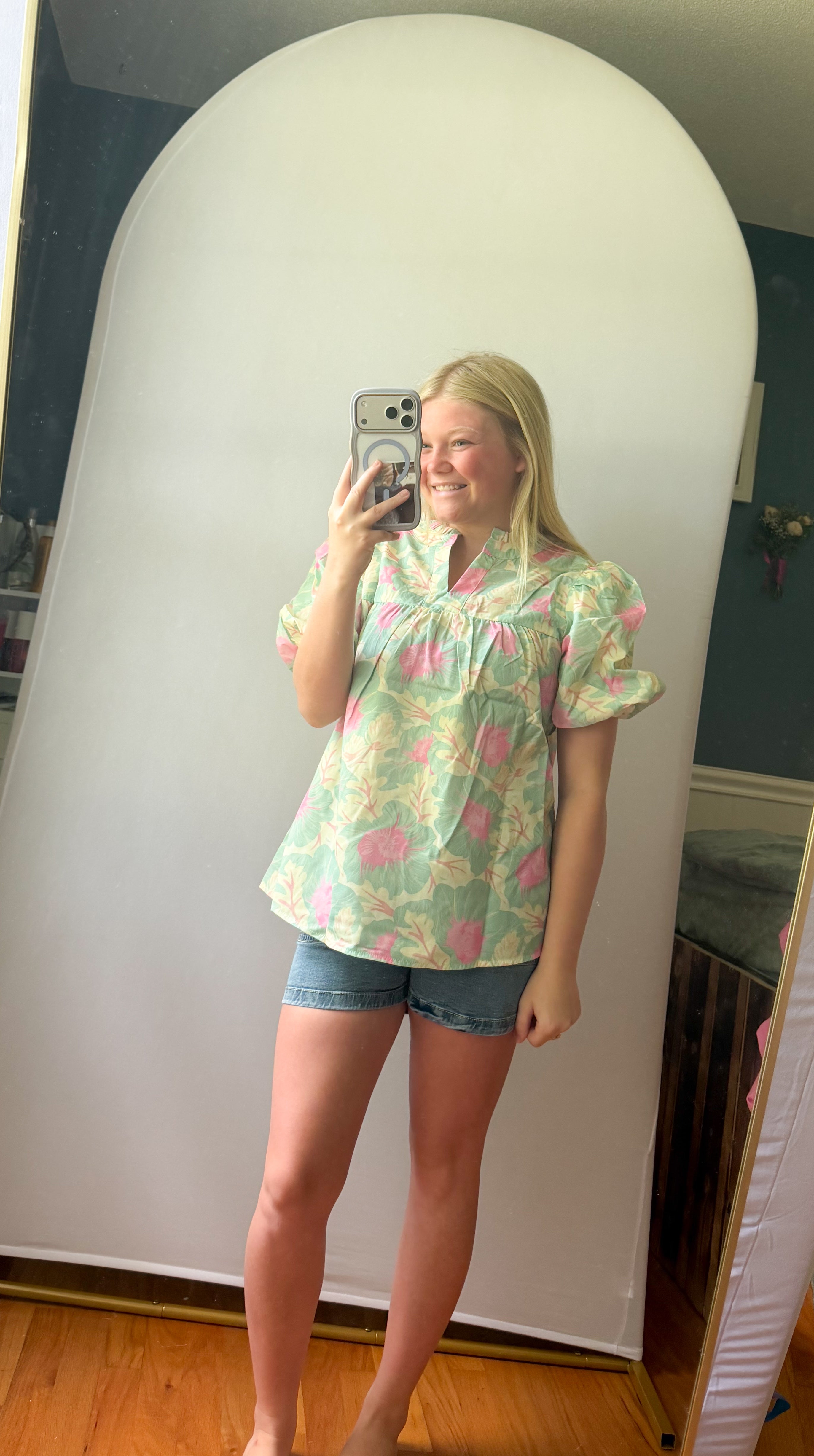 Green Short Bubble Sleeve Summer Floral Blouse