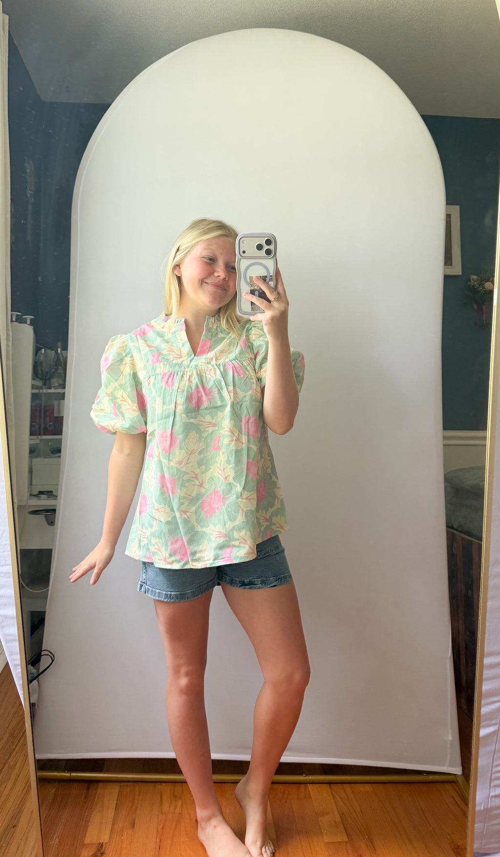 Green Short Bubble Sleeve Summer Floral Blouse