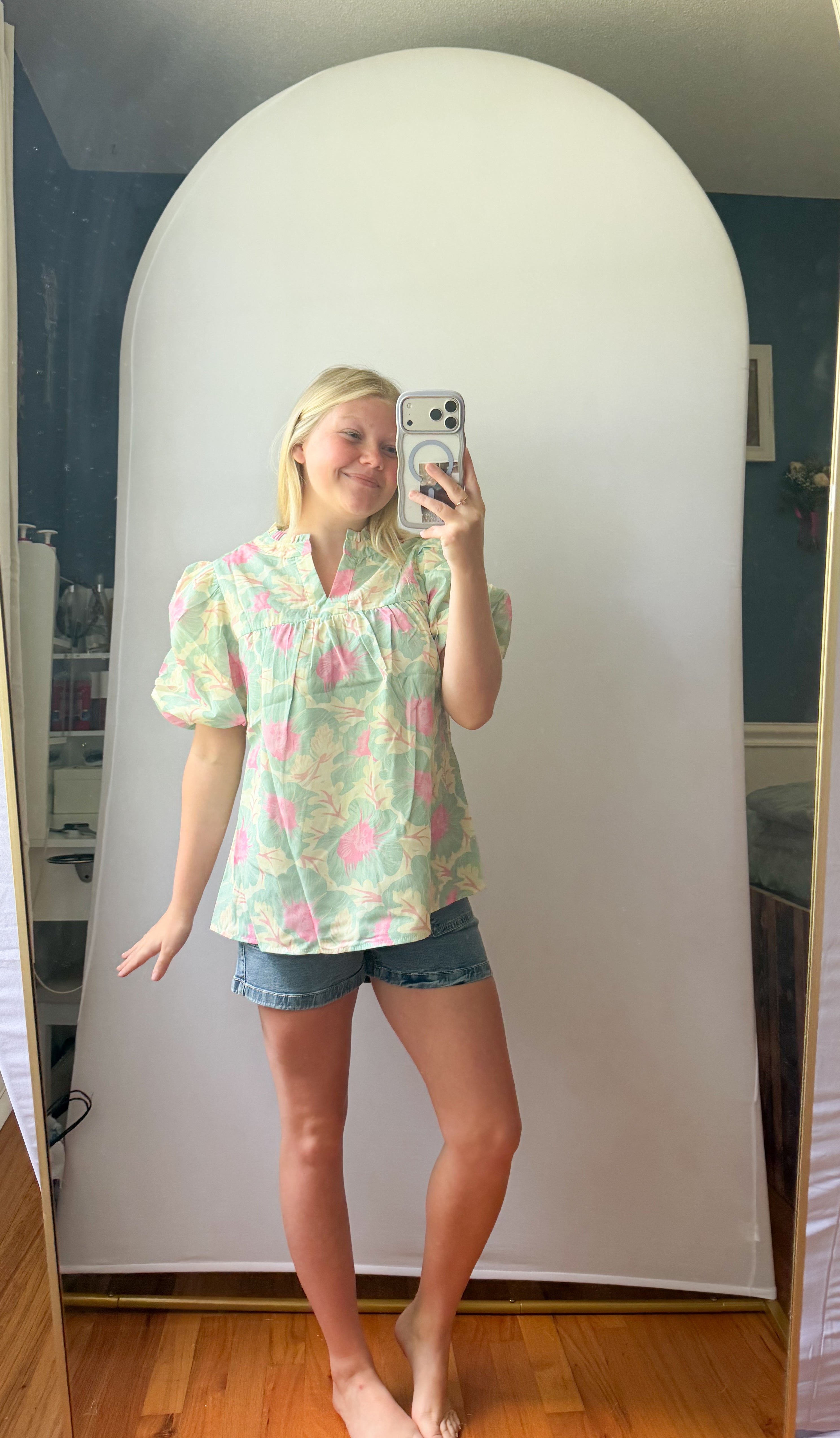 Green Short Bubble Sleeve Summer Floral Blouse