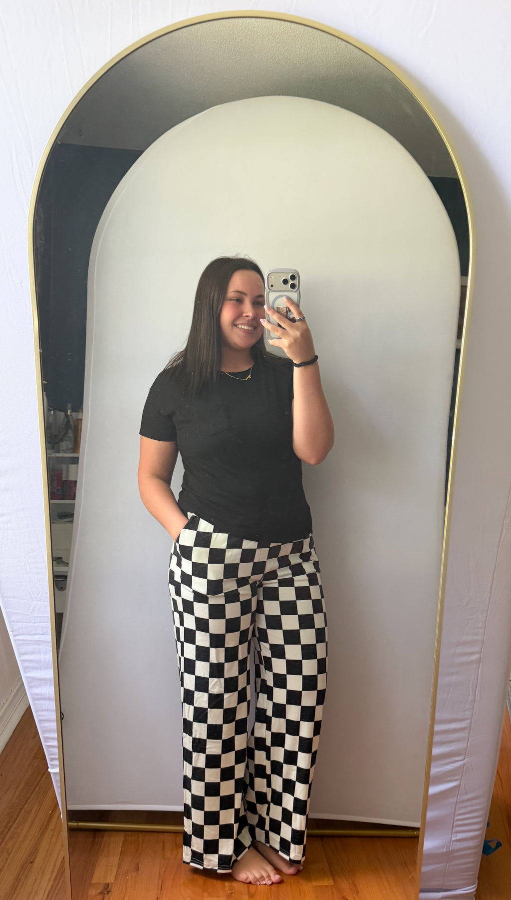Checked Print High Waist Wide Leg Pants
