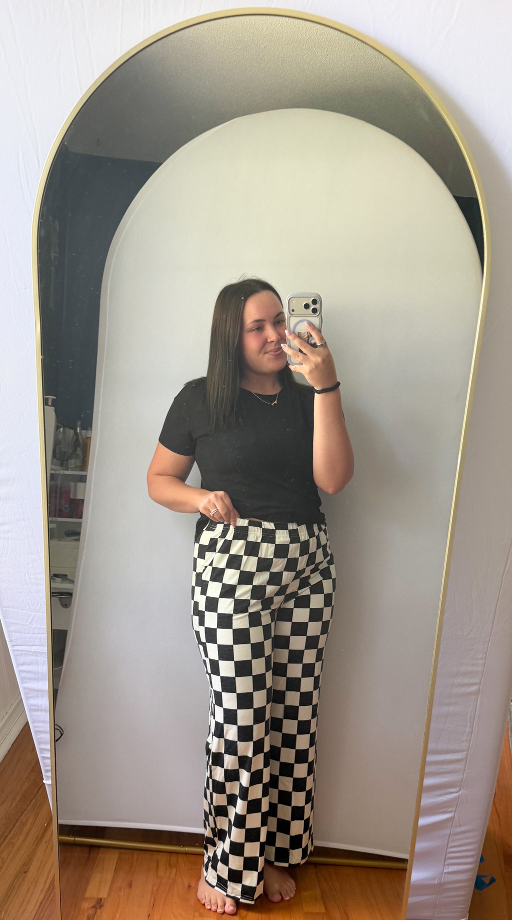 Checked Print High Waist Wide Leg Pants