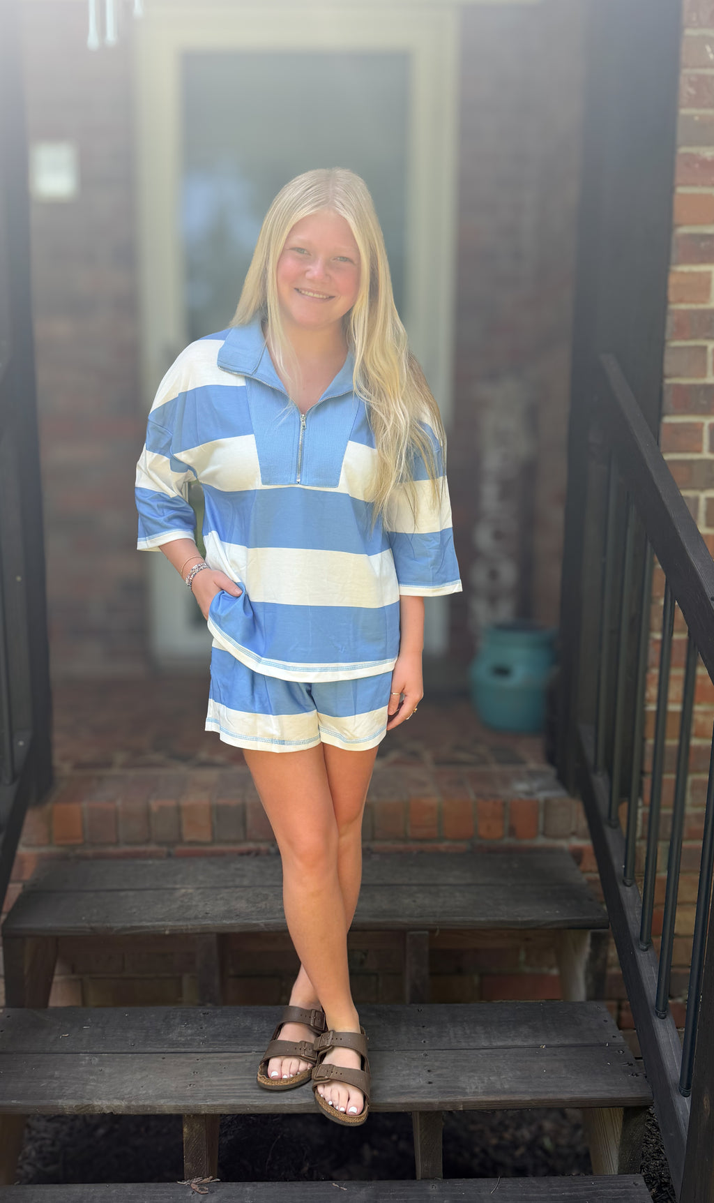 Striped Half Zip Oversize Tee Casual Shorts 2pcs Set