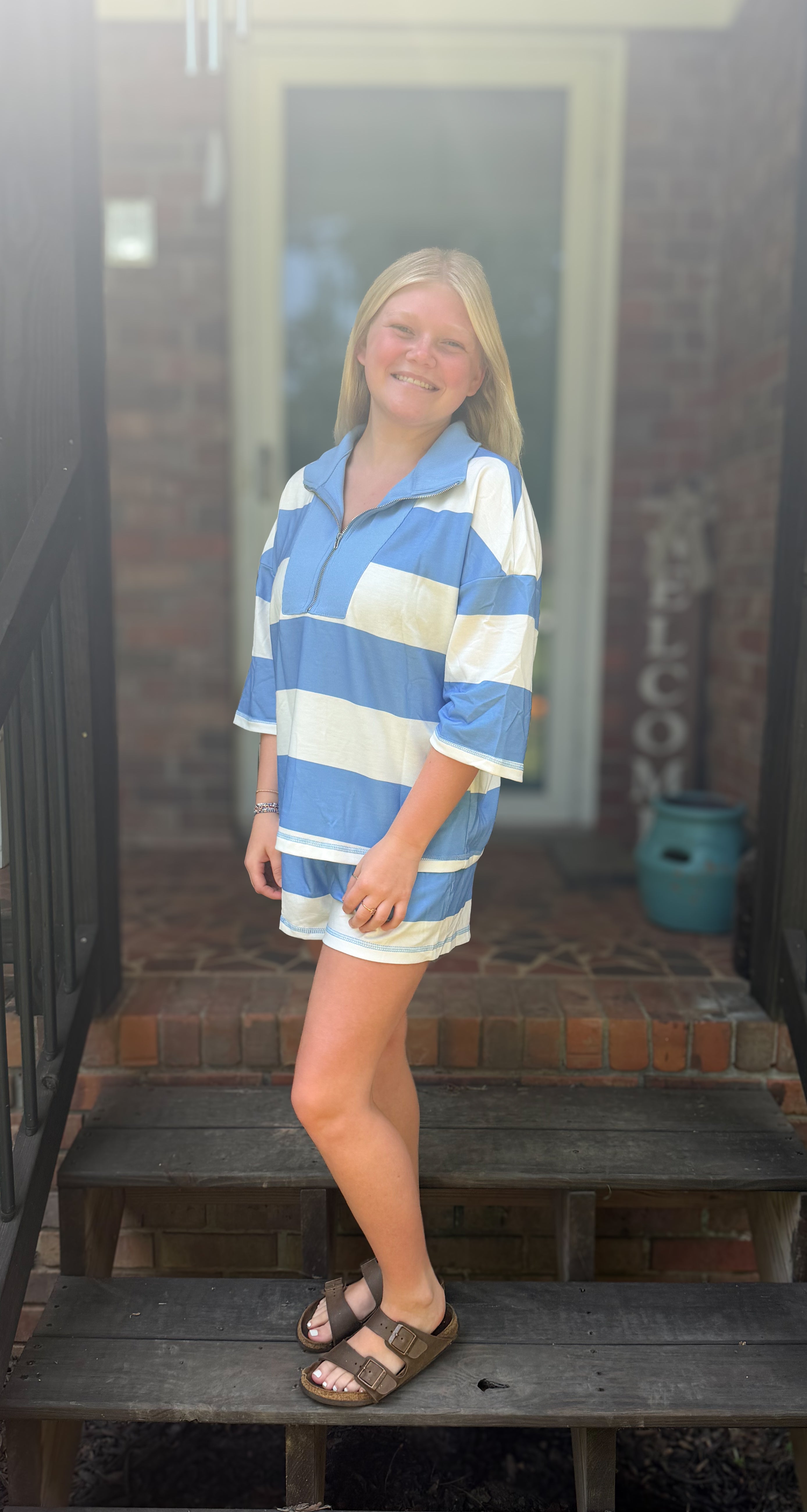 Striped Half Zip Oversize Tee Casual Shorts 2pcs Set
