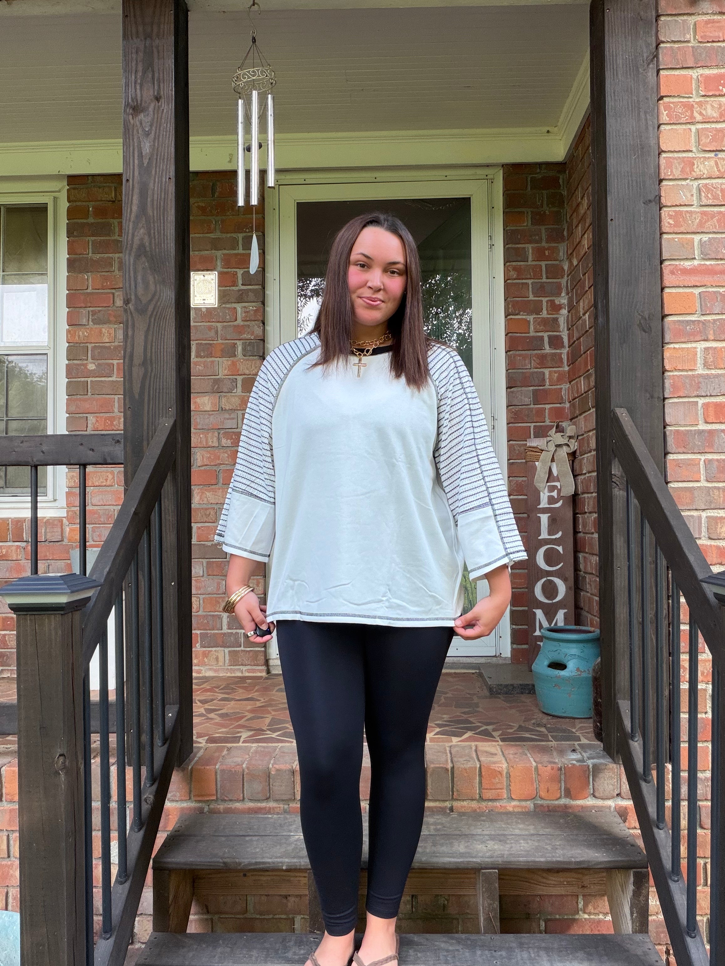 Black Striped Raglan Sleeve Top with Bracelet Sleeves