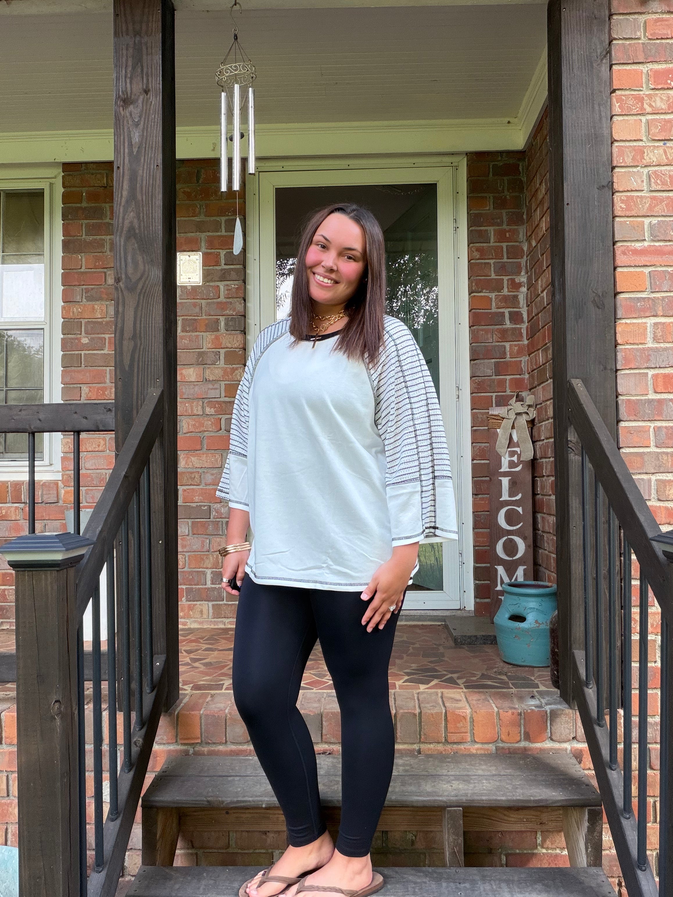Black Striped Raglan Sleeve Top with Bracelet Sleeves