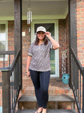 Brown Leopard Half Zip Stripe Trim Short Sleeve Top