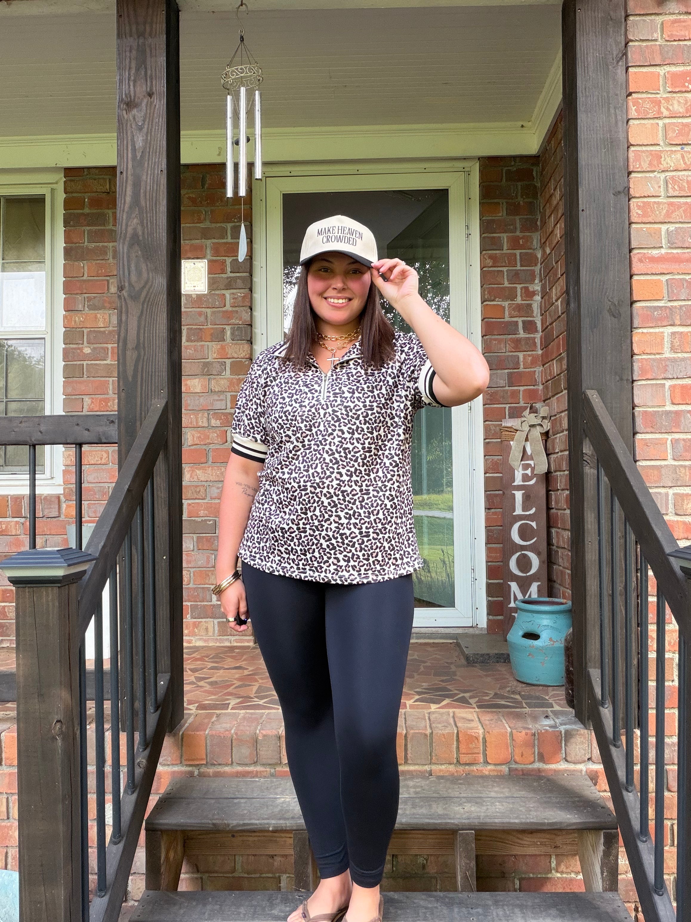 Brown Leopard Half Zip Stripe Trim Short Sleeve Top