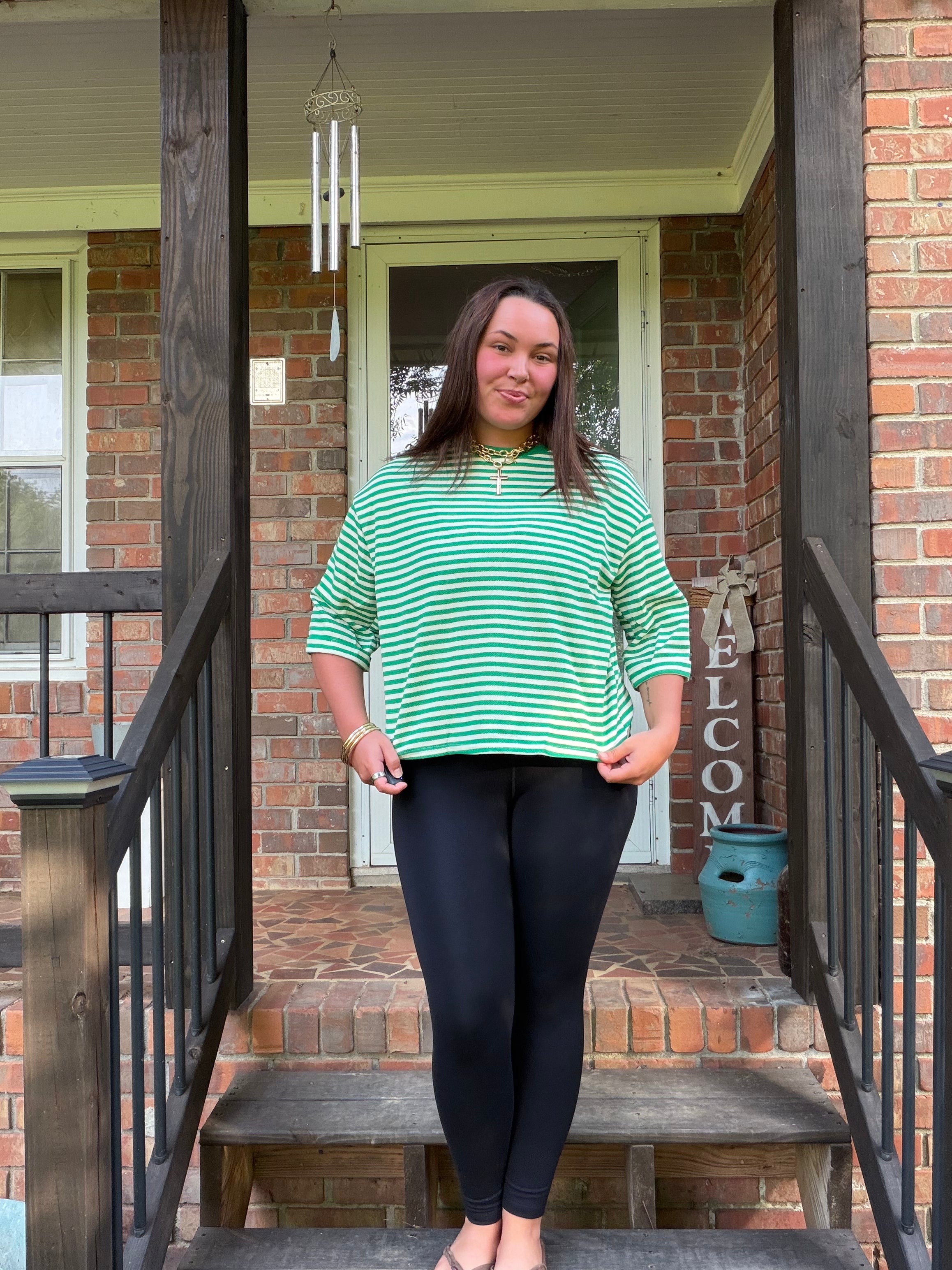 Green Striped Knit Back Bow Tie Open Back Top Women