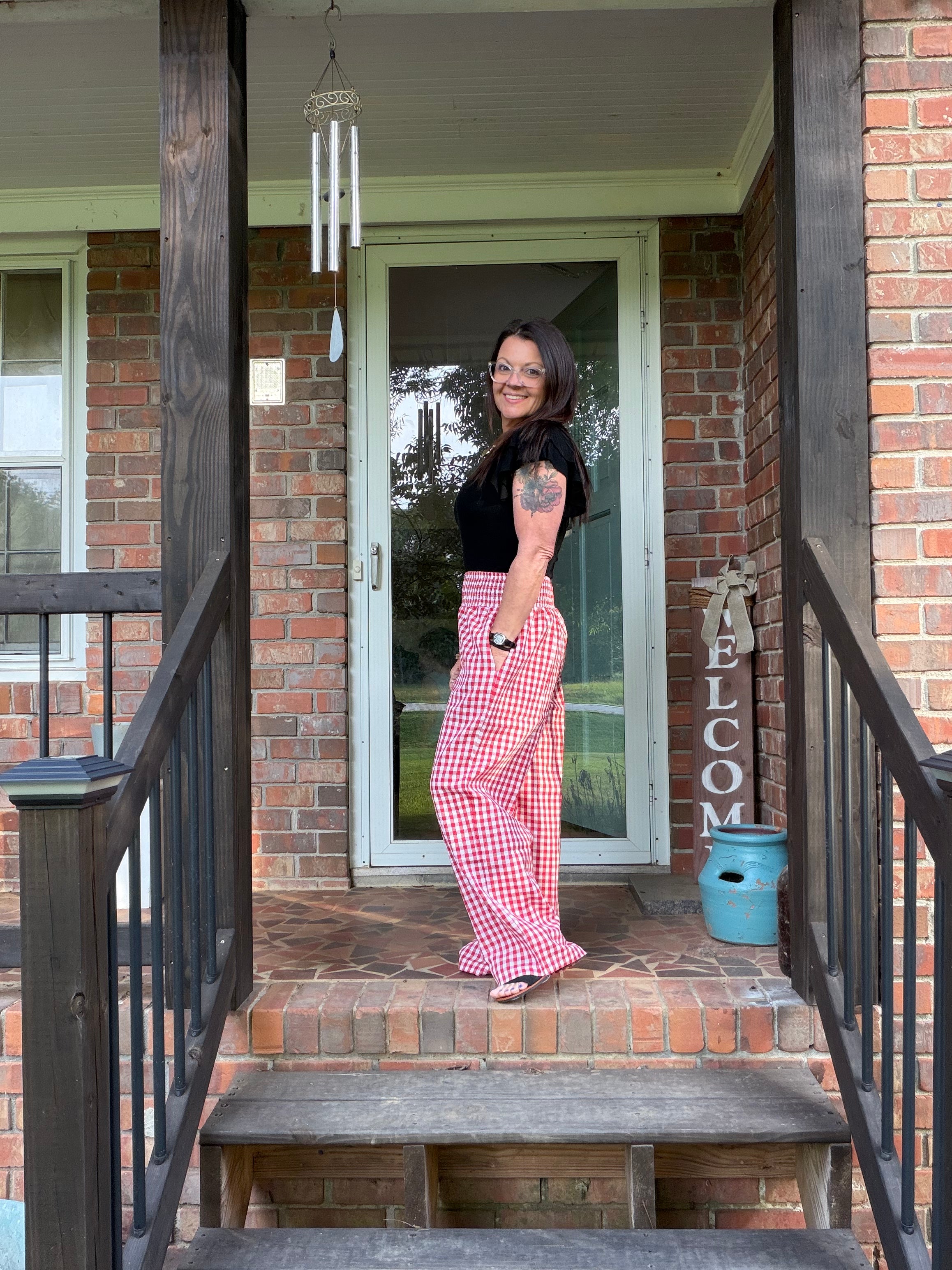Gingham High Waist Wide Leg Pants with Pockets