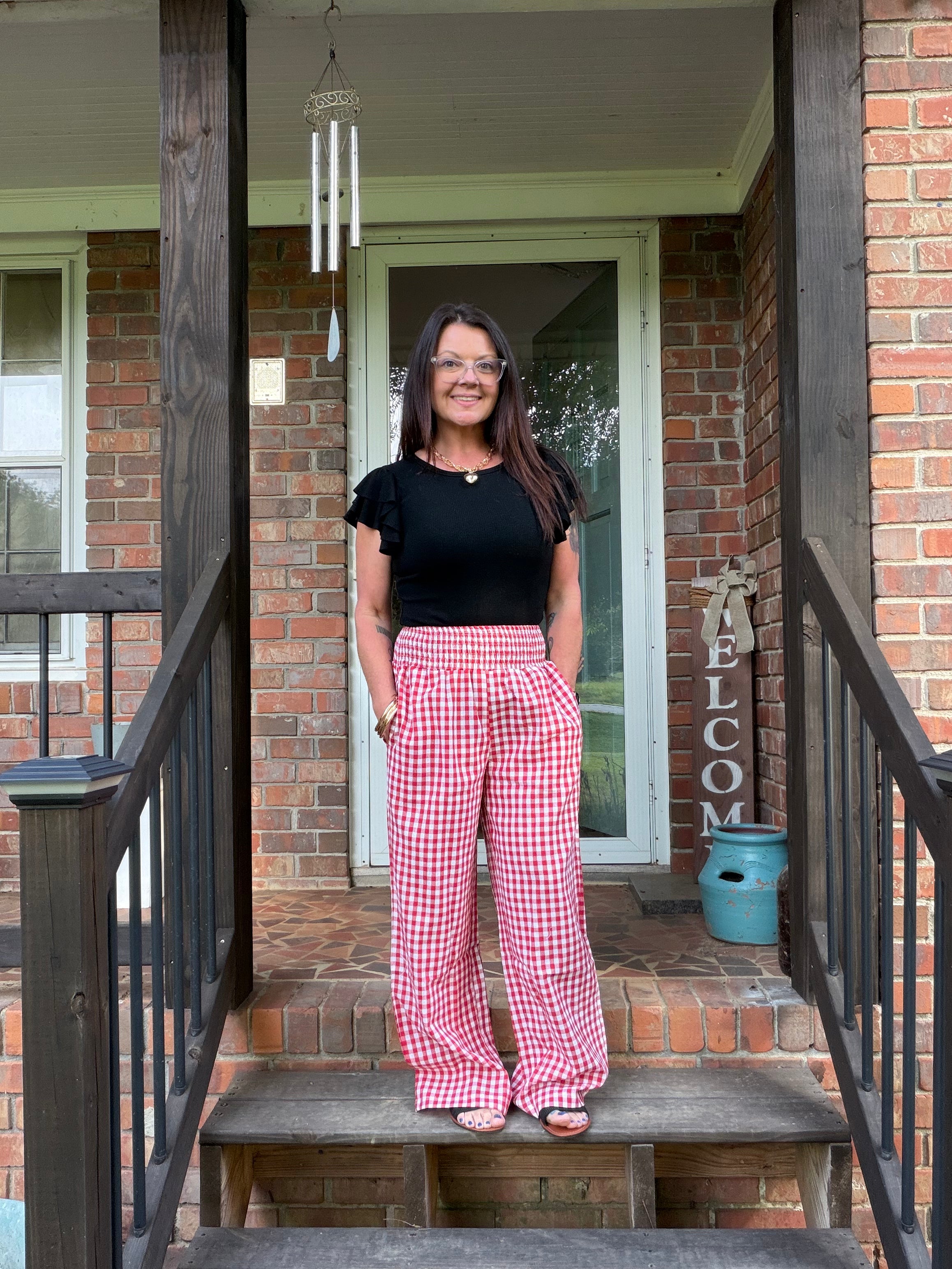 Gingham High Waist Wide Leg Pants with Pockets