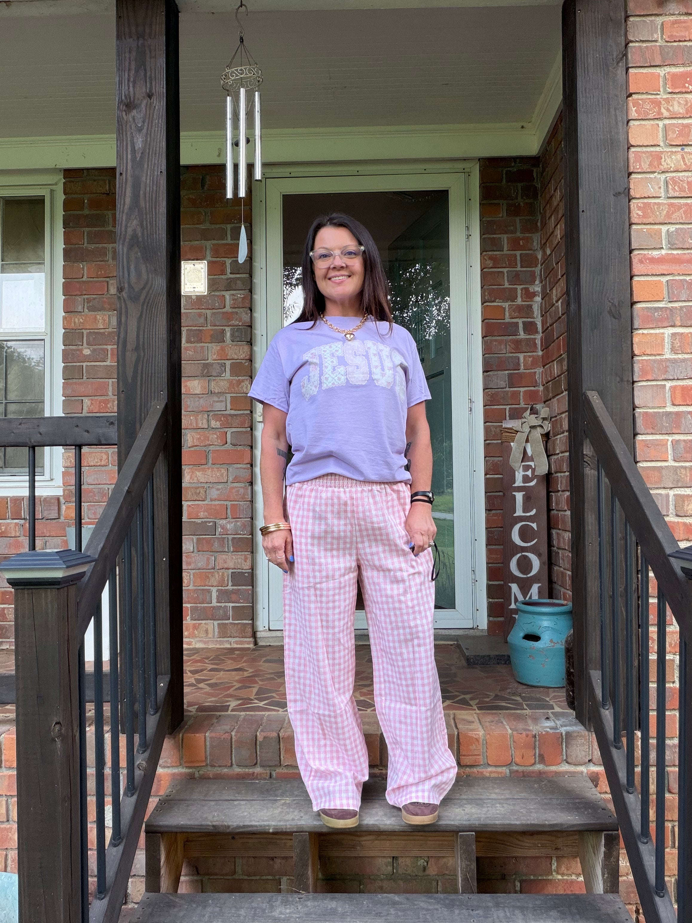 Gingham High Waist Wide Leg Pants with Pockets