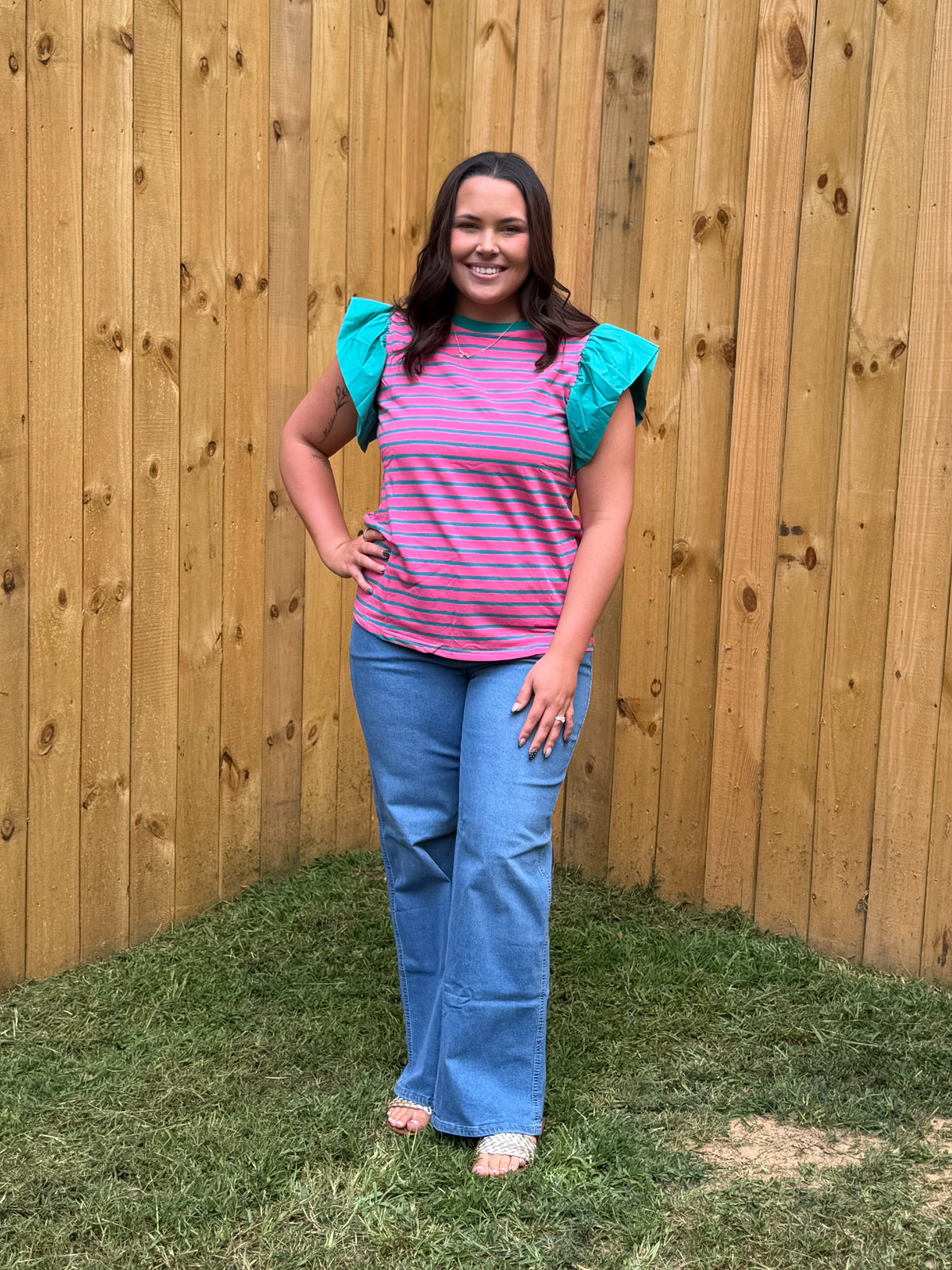 Stripe Colorblock Ruffle Sleeve Crewneck Blouse