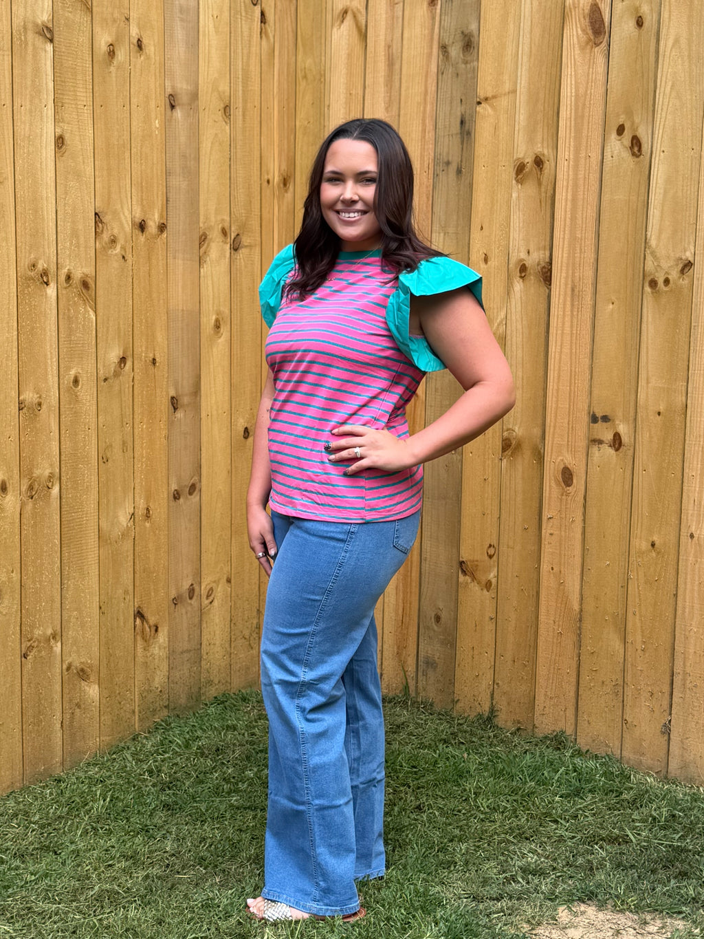 Stripe Colorblock Ruffle Sleeve Crewneck Blouse