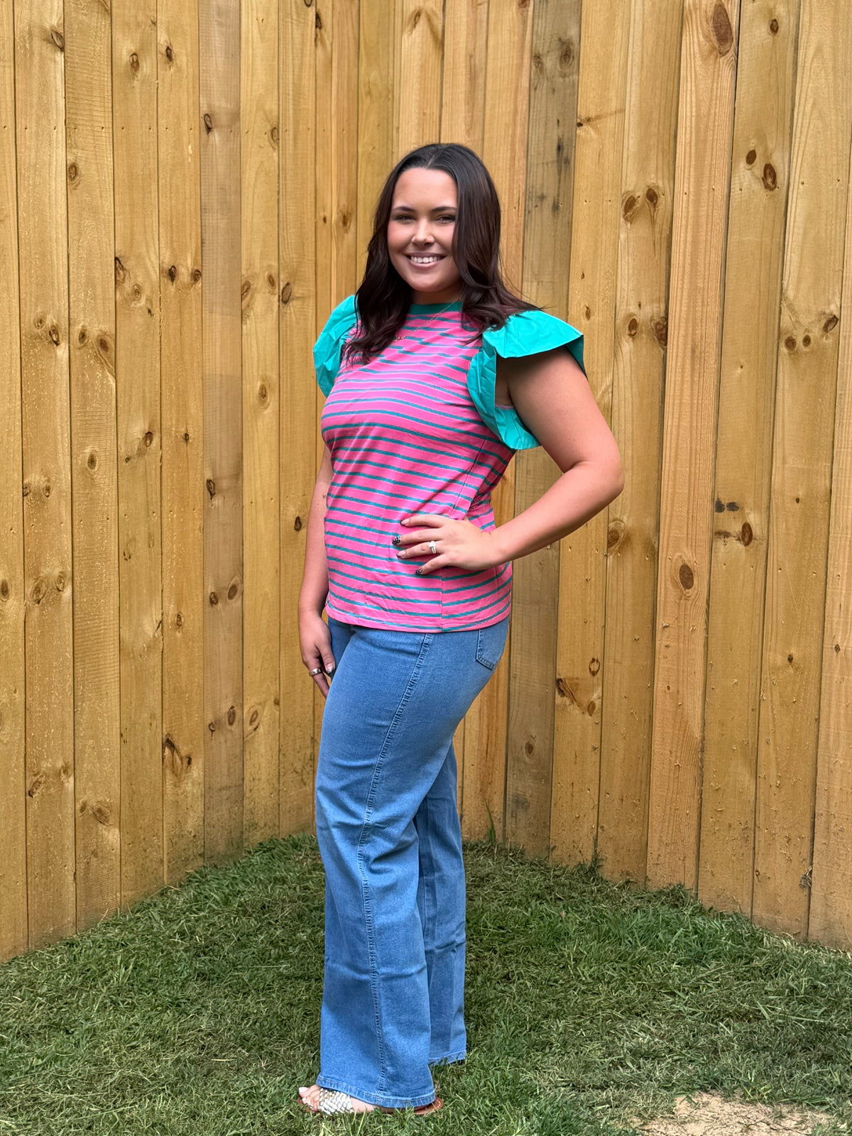 Stripe Colorblock Ruffle Sleeve Crewneck Blouse