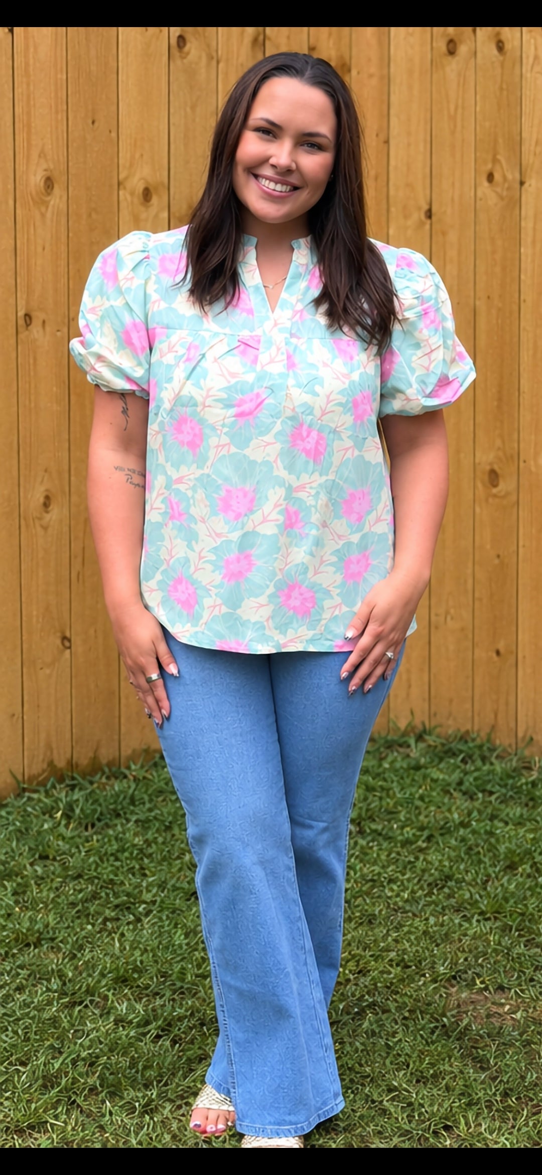 Green Short Bubble Sleeve Summer Floral Blouse