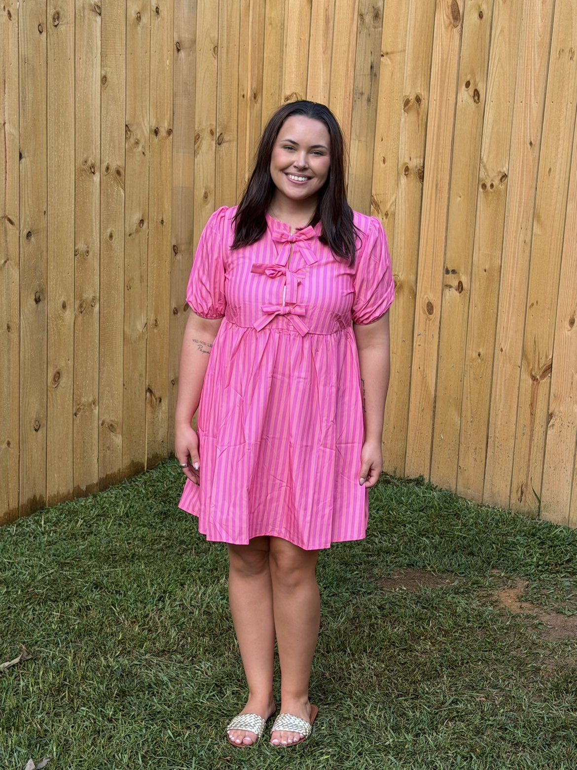 Rose Striped Print Bow Detail Short Puff Sleeve Mini Dress