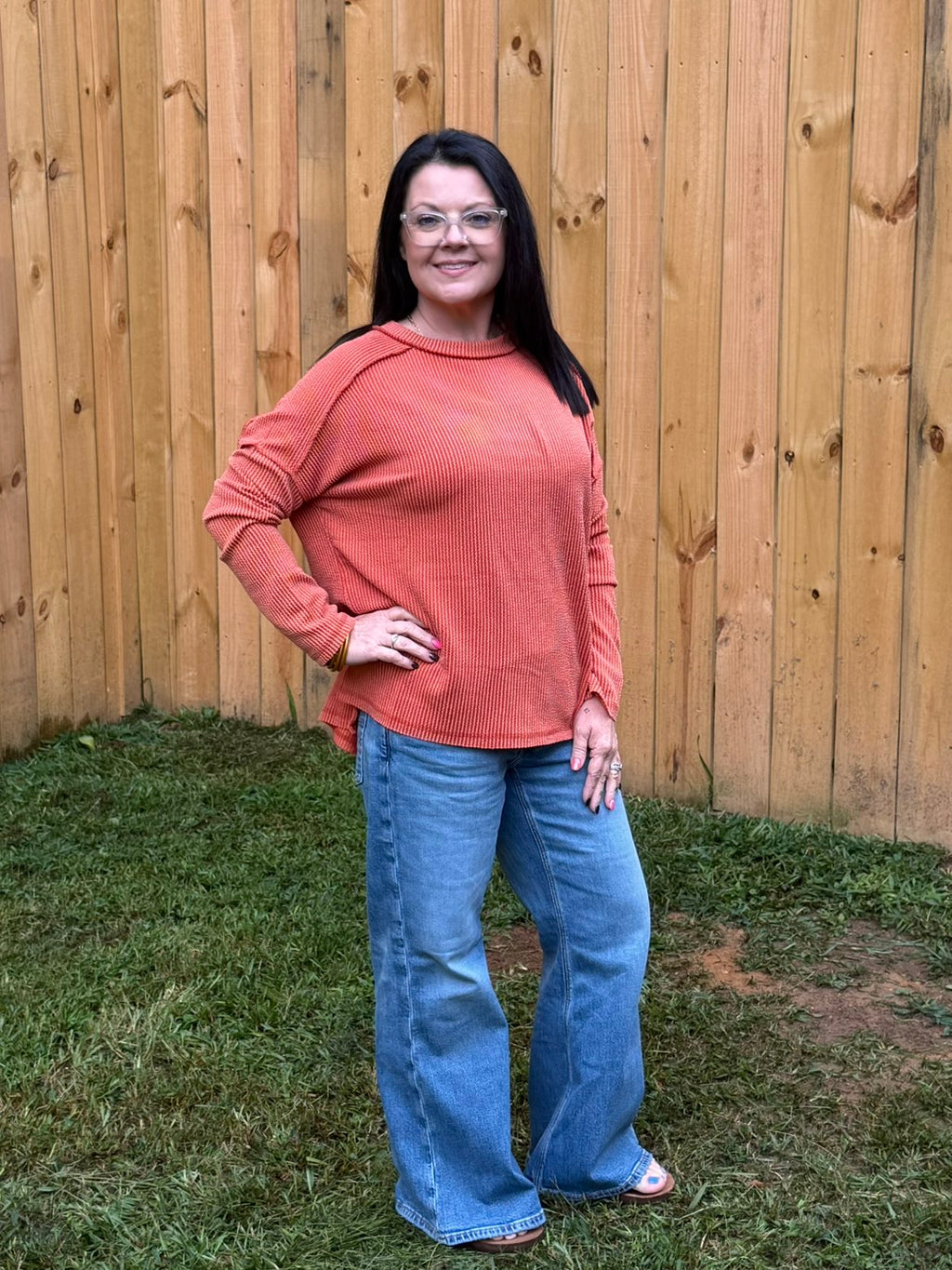 Zenana Raised Rib Raw Edge Hi-low hem Long Sleeve Top