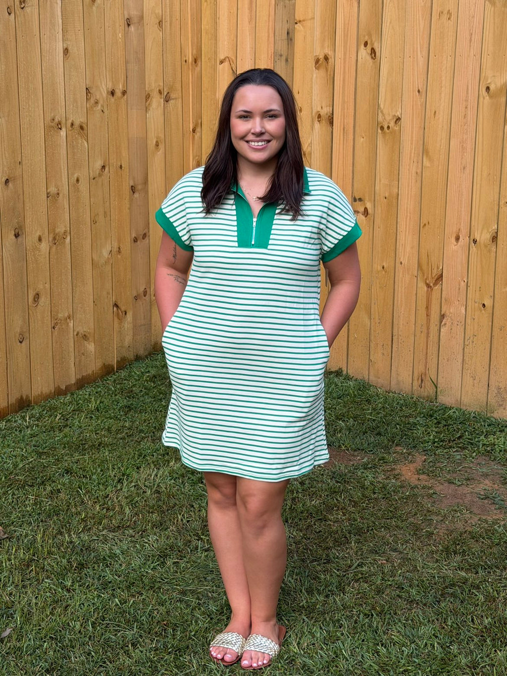 Stripe Quarter Zip Polo Collar T-Shirt Dress